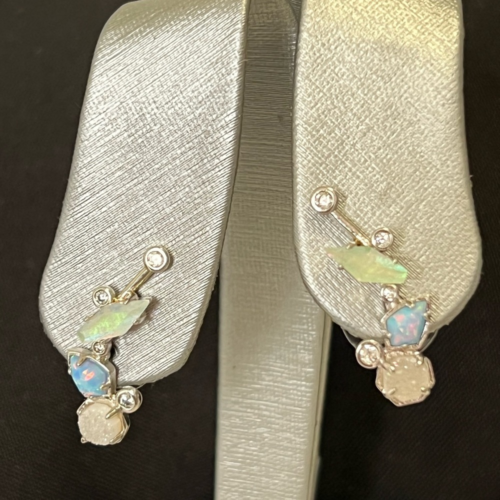 NWT RARE & Retired Kendra Scott Troian Ear Climbers Ice Blue Opal Dichroic Drusy - Picture 17 of 17